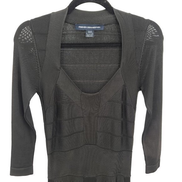 French Connection Bandage Herve Leger-Style Elbow Sleeve Dress 2 Black Halloween - Picture 5 of 16